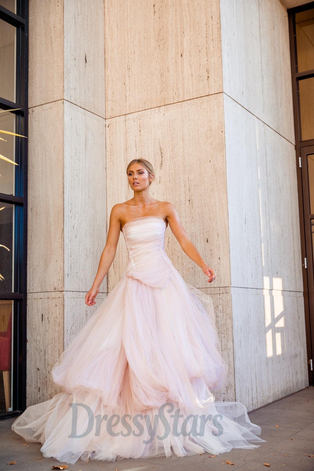 Strapless Light Pink Prom Dress Tulle Long Formal Dress A Line Evening Dress