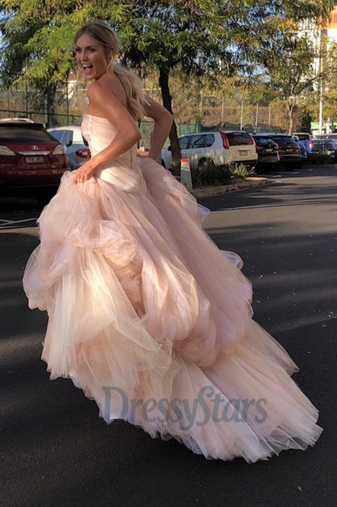 Strapless Light Pink Prom Dress Tulle Long Formal Dress A Line Evening Dress