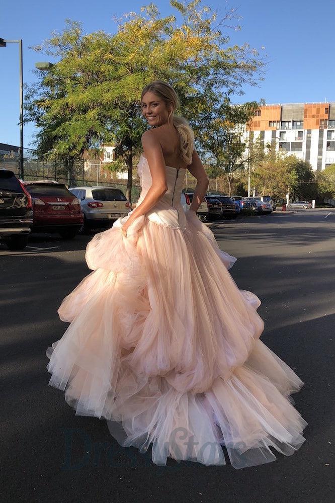 Strapless Light Pink Prom Dress Tulle Long Formal Dress A Line Evening Dress
