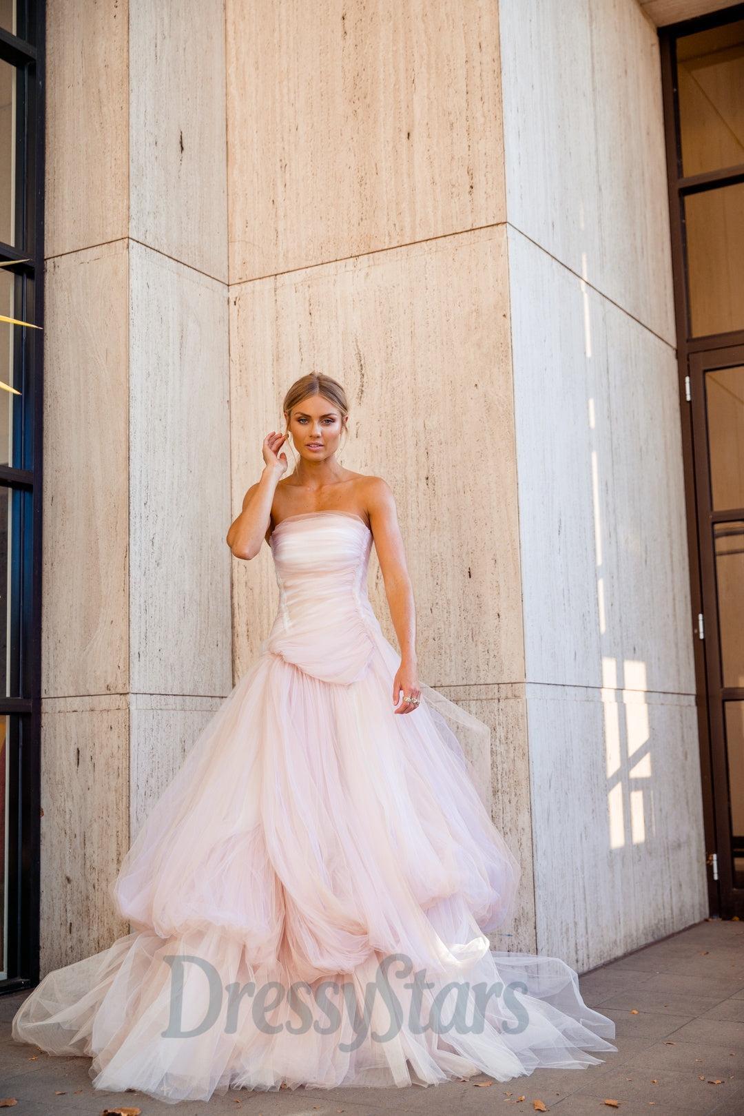 Strapless Light Pink Prom Dress Tulle Long Formal Dress A Line Evening Dress