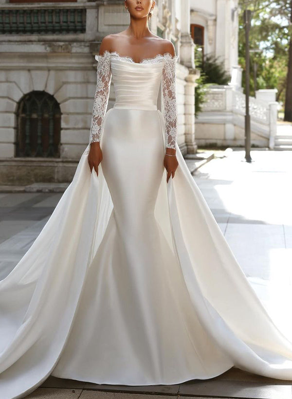 Strapless Long Sleeves Satin Wedding Dress With Lace Trumpet/Mermaid