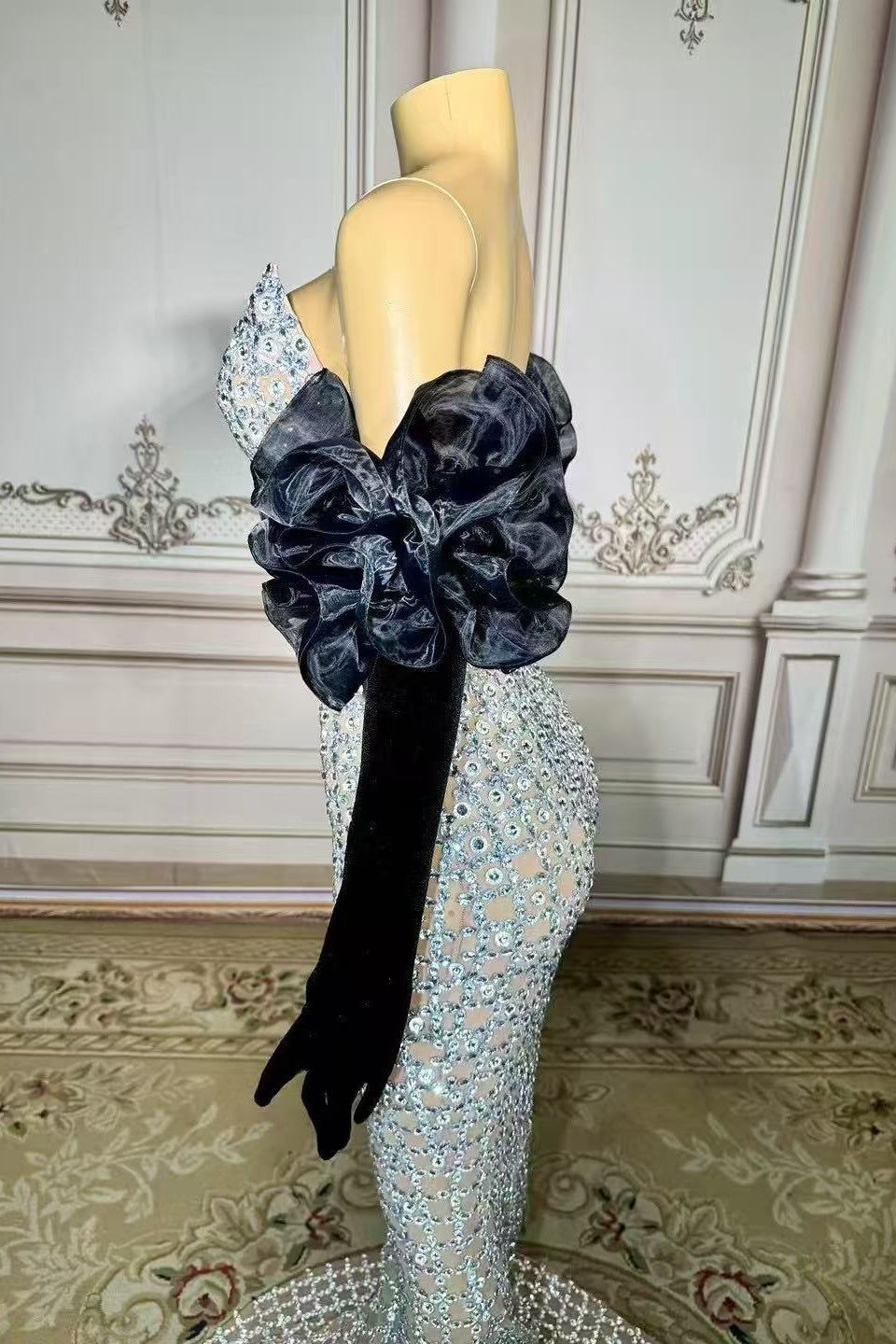 Strapless Mermaid Prom Dress Silver Beaded Evening Dress