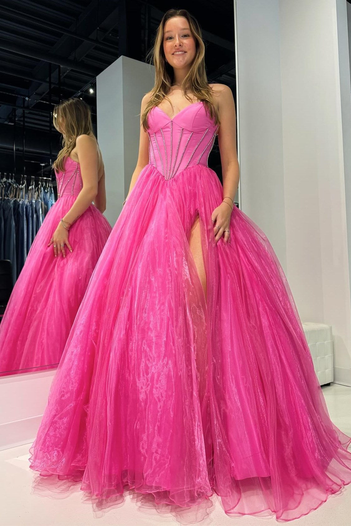 Strapless Prom Dress Beaded Ball Gown with Split in Hot Pink Evening Dress