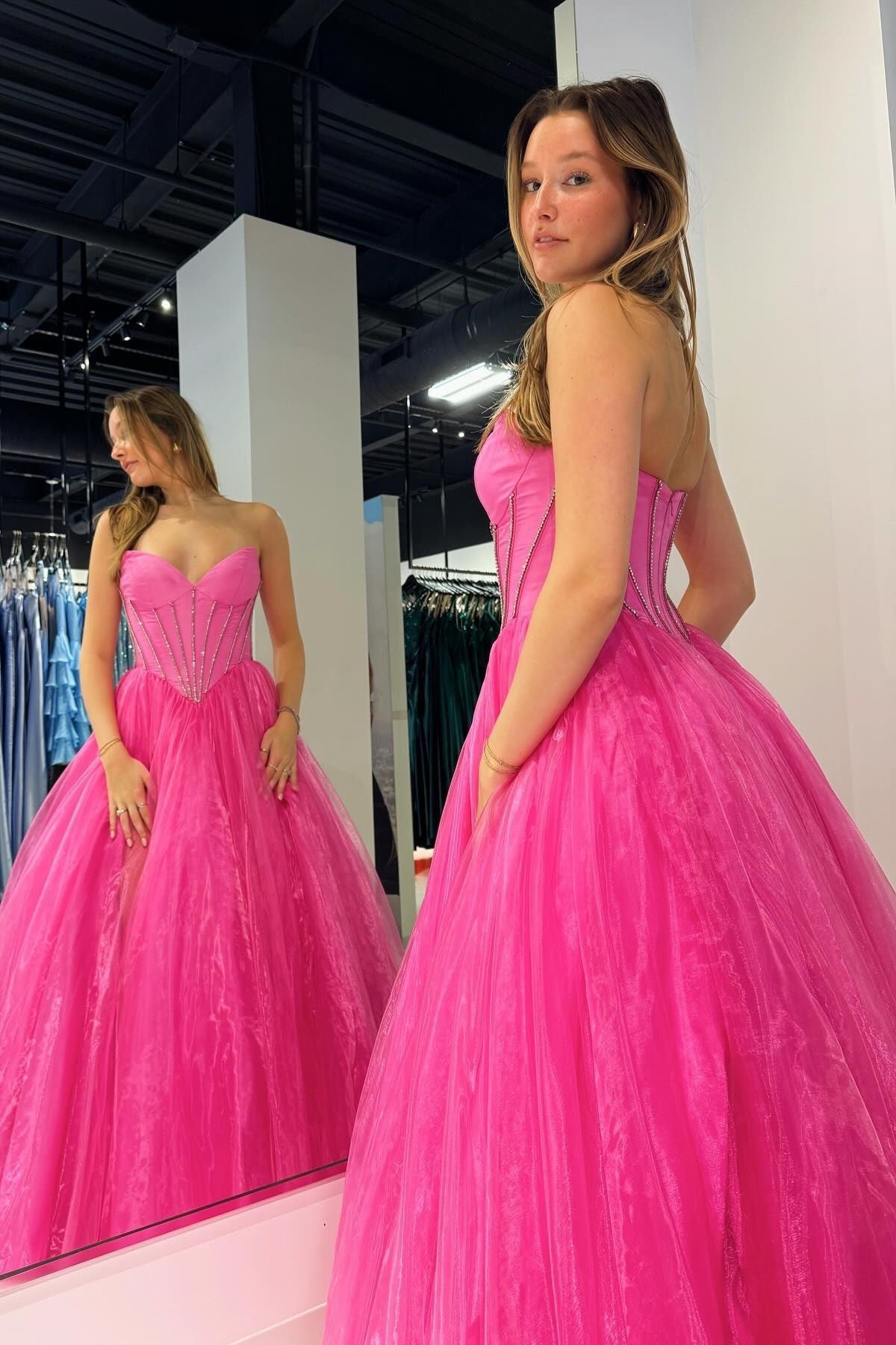 Strapless Prom Dress Beaded Ball Gown with Split in Hot Pink Evening Dress