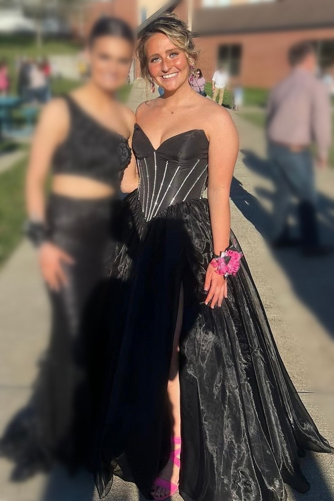 Strapless Prom Dress Beaded Ball Gown with Split in Hot Pink Evening Dress