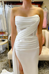 Strapless Prom Dress Beaded Ruched Maxi Dress Evening Dress with Attached Train