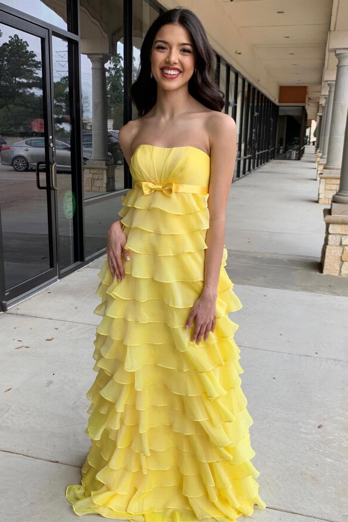 Strapless Prom Dress High Waist Ruffle Tiered Long Evening Dress with Bow