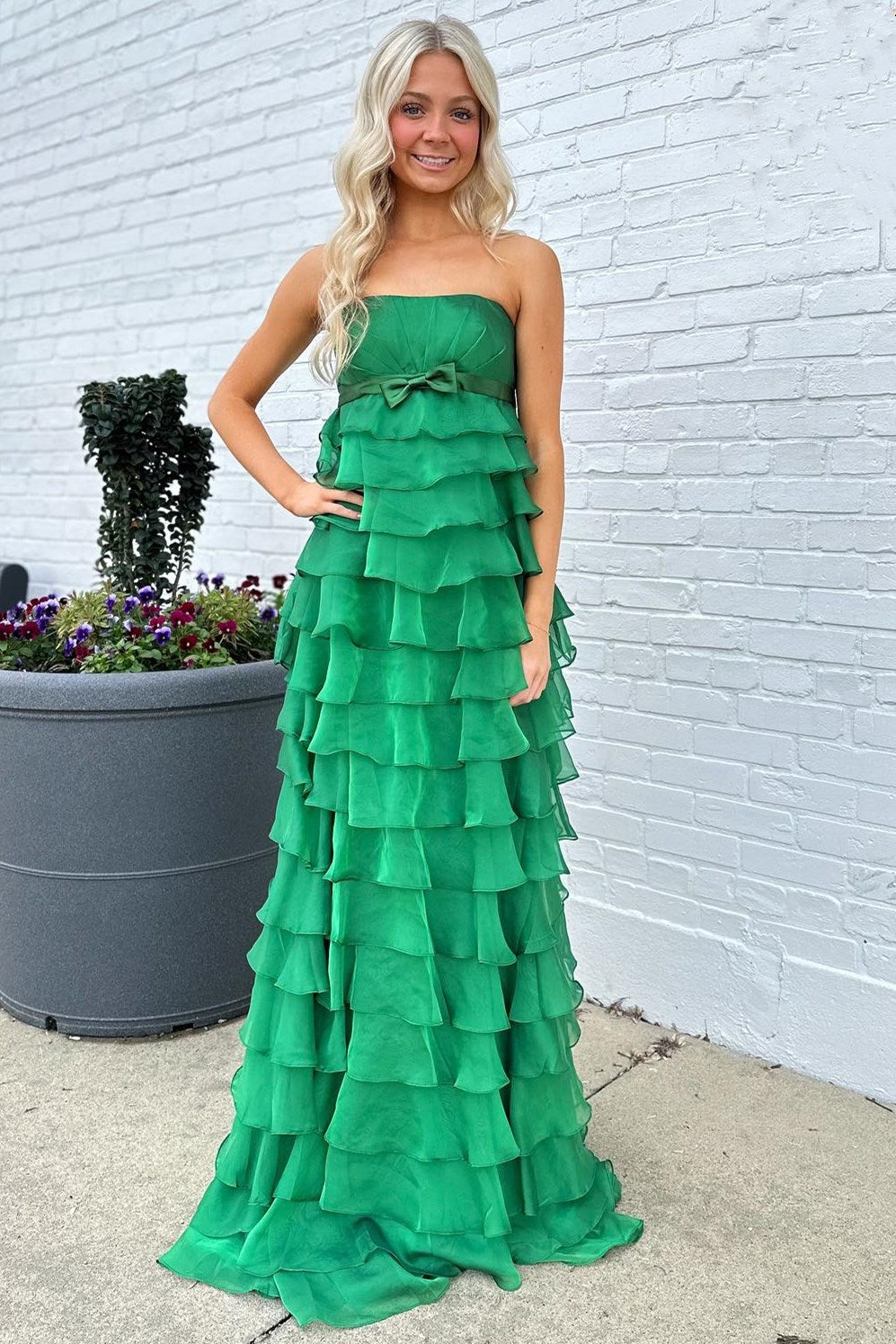 Strapless Prom Dress High Waist Ruffle Tiered Long Evening Dress with Bow