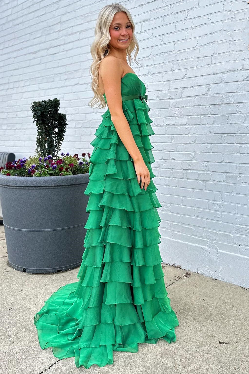 Strapless Prom Dress High Waist Ruffle Tiered Long Evening Dress with Bow