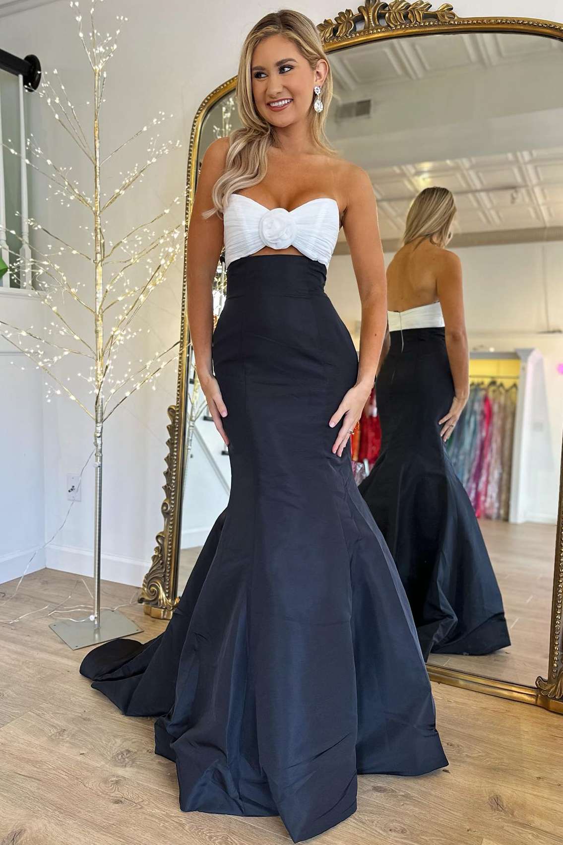 Strapless Prom Dress Ivory and Black Ruched Mermaid Evening Dress