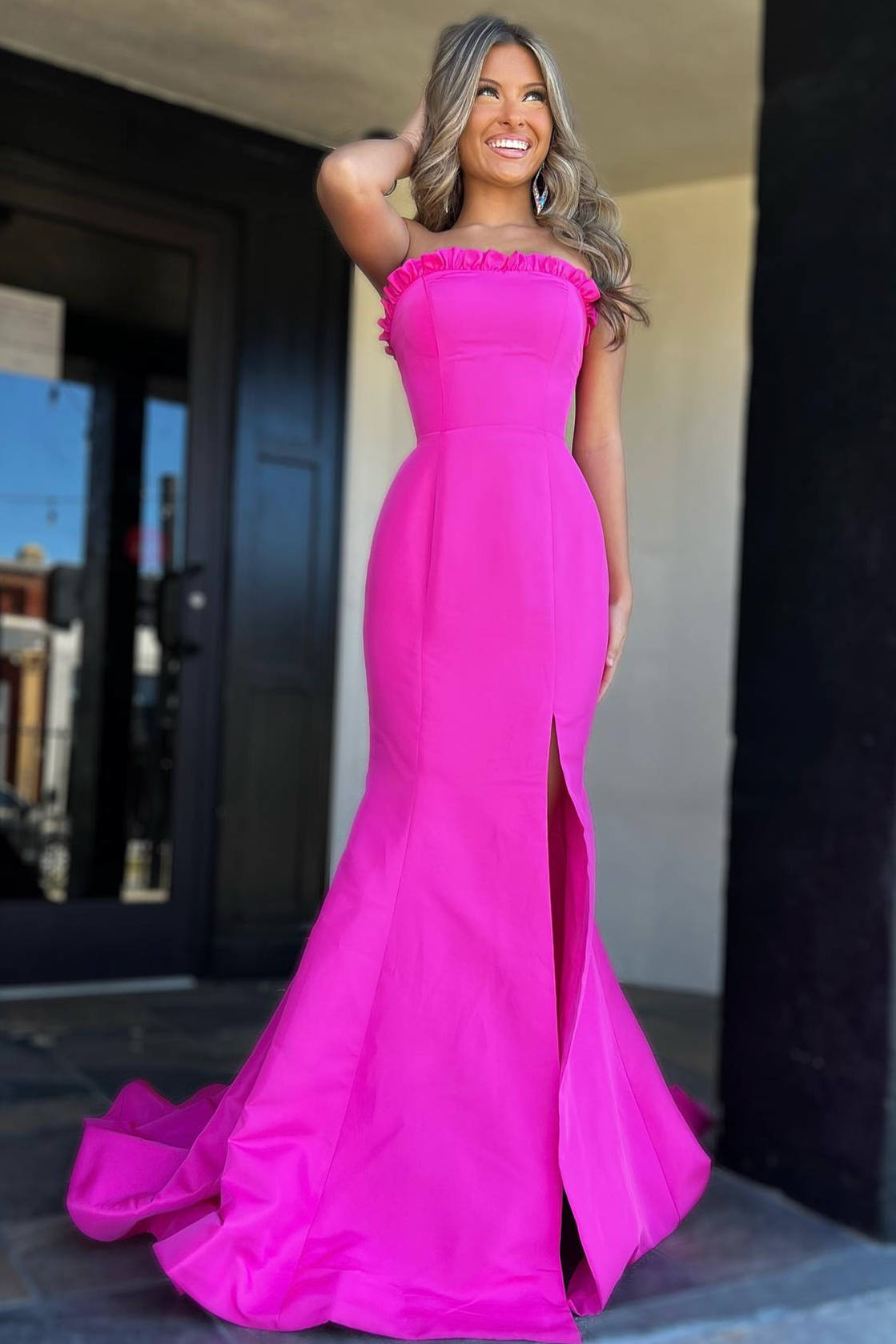 Strapless Prom Dress Maganta Ruffle Mermaid Split Long Evening Dress