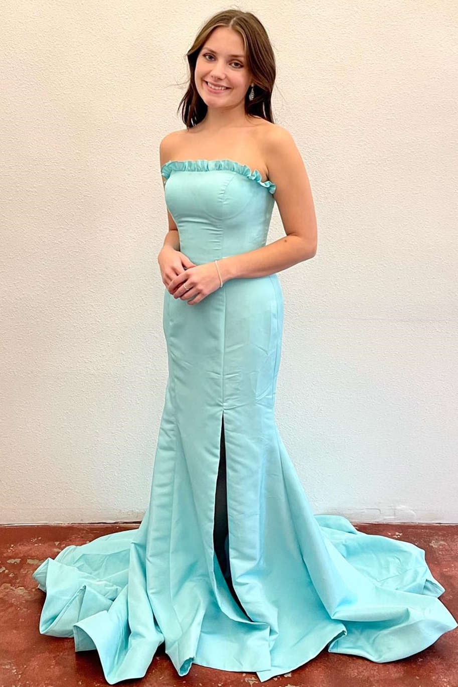 Strapless Prom Dress Maganta Ruffle Mermaid Split Long Evening Dress