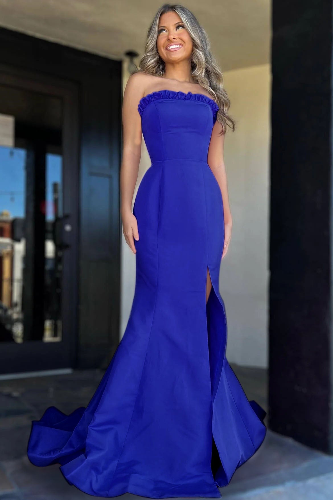 Strapless Prom Dress Maganta Ruffle Mermaid Split Long Evening Dress