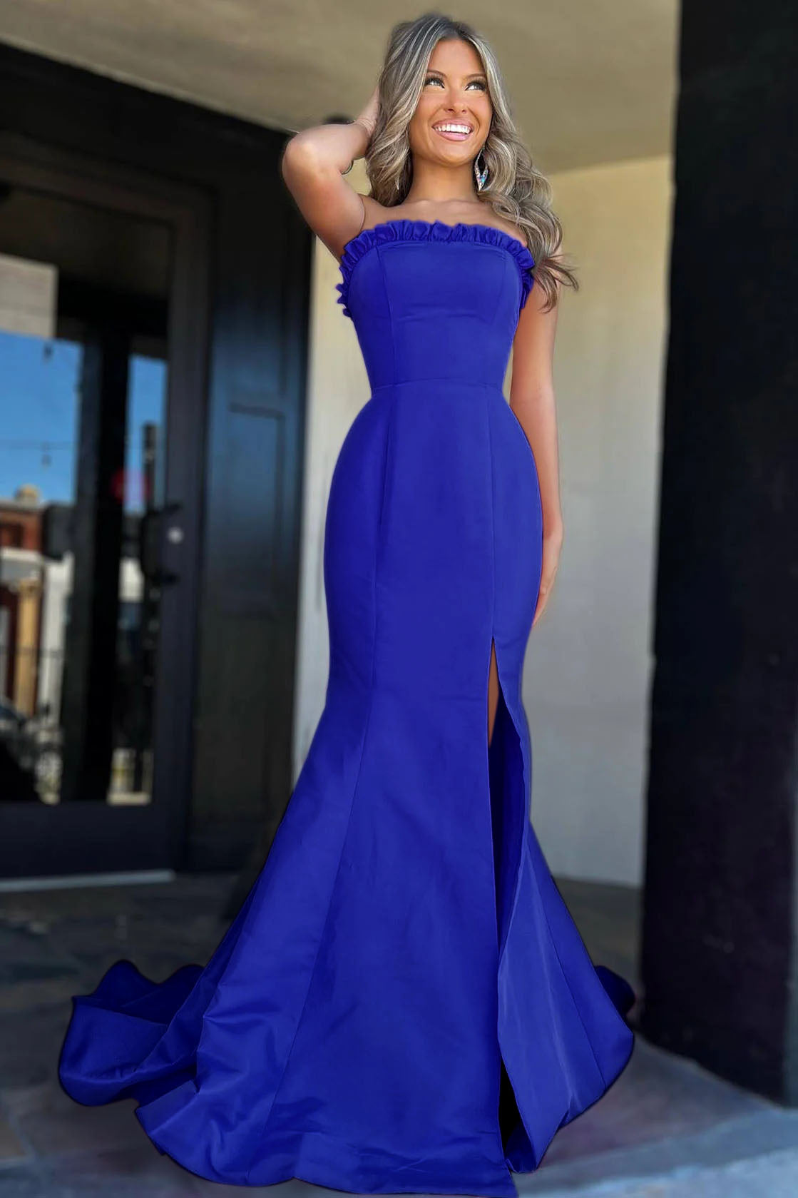 Strapless Prom Dress Maganta Ruffle Mermaid Split Long Evening Dress