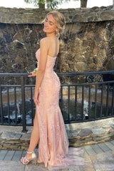 Strapless Prom Dress Mermaid Lace Long Evening Dress with Split