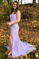 Strapless Prom Dress Mermaid Lace Long Evening Dress with Split