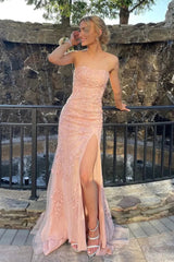 Strapless Prom Dress Mermaid Lace Long Evening Dress with Split