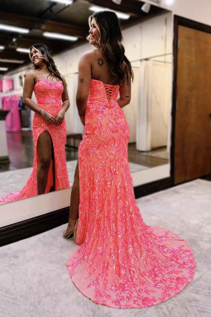 Strapless Prom Dress Sequin Lace Mermaid Evening Dress With Split