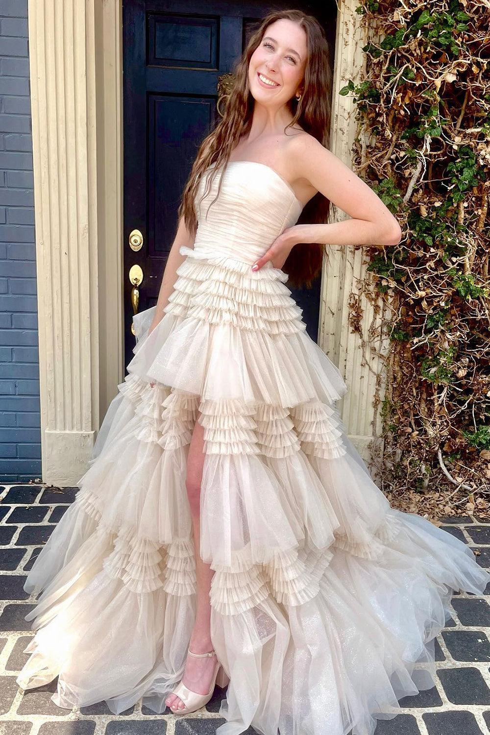 Strapless Prom Dress Tulle Long Tiered Cocktail Dress with Slit