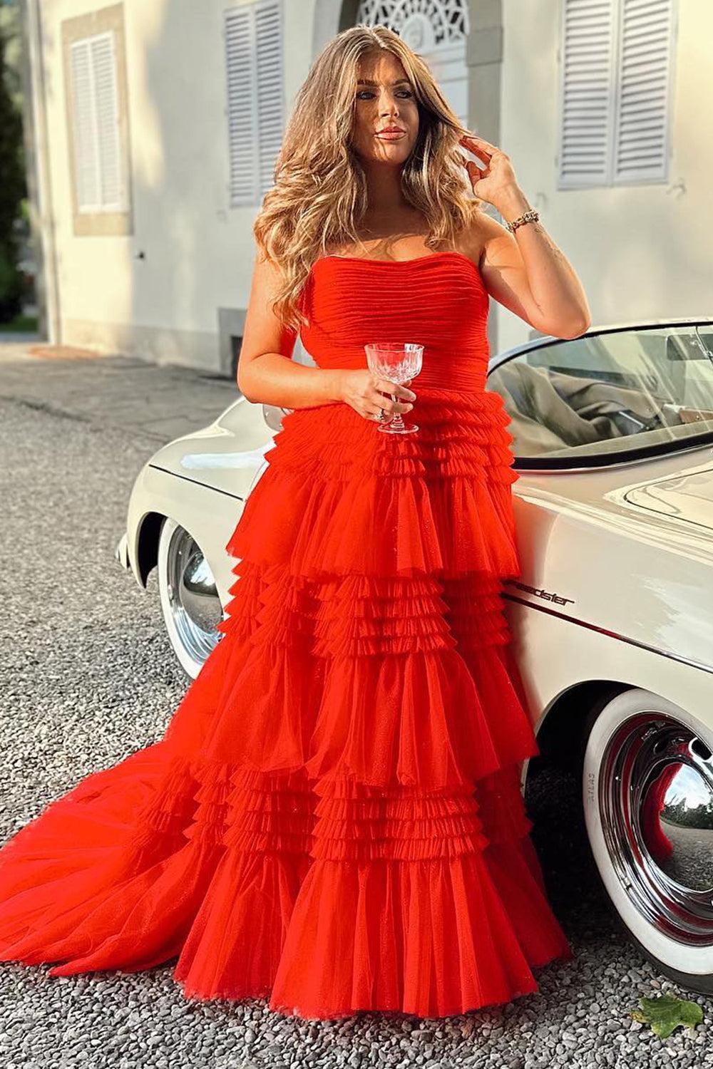 Strapless Prom Dress Tulle Long Tiered Cocktail Dress with Slit