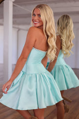 Dressystars Strapless Satin Homecoming Dresses Mini Cocktail Dresses with Oversized Waist Bow