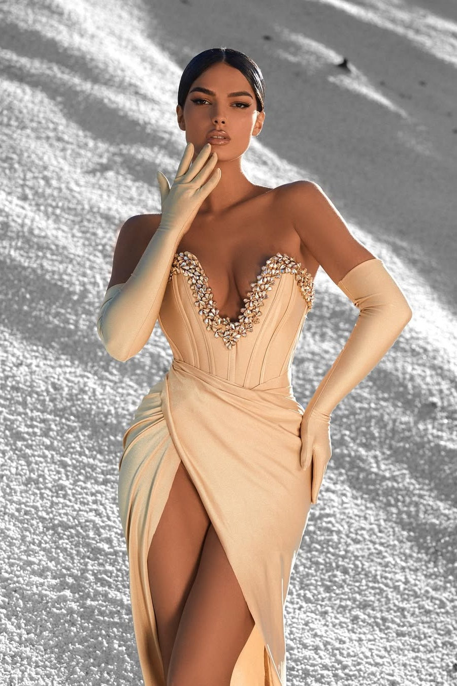 Strapless Satin Prom Dress Beaded Formal Dress with Split