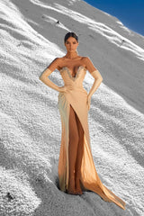 Strapless Satin Prom Dress Beaded Formal Dress with Split