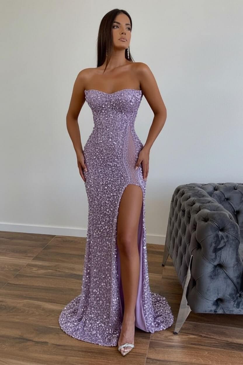Strapless Sequined Prom Dress Mermaid Beaded Evening Dress With Split