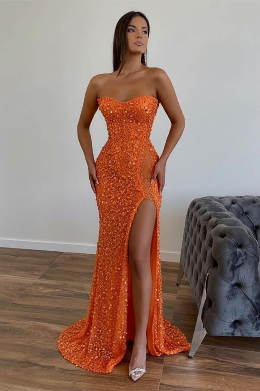 Strapless Sequined Prom Dress Mermaid Beaded Evening Dress With Split
