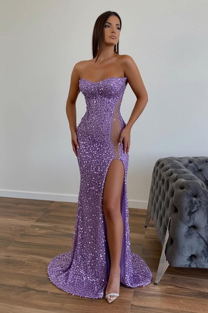 Strapless Sequined Prom Dress Mermaid Beaded Evening Dress With Split