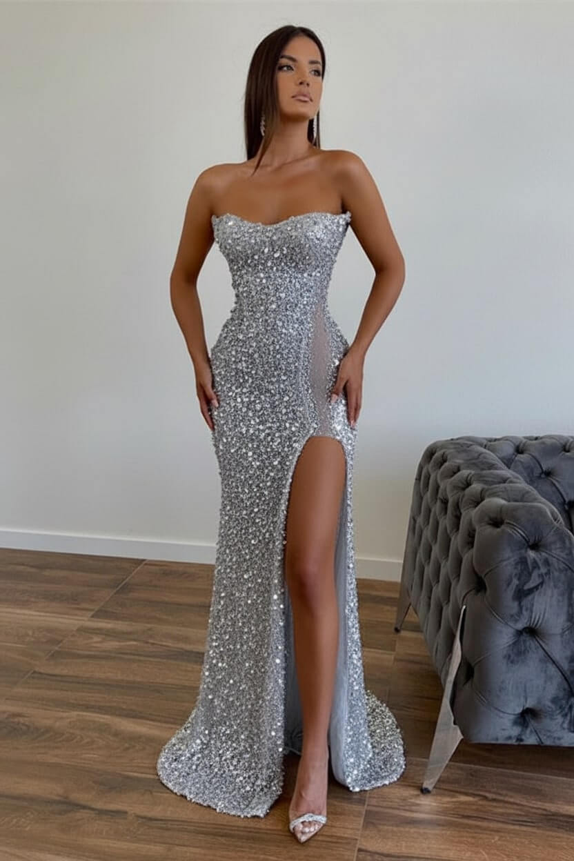 Strapless Sequined Prom Dress Mermaid Beaded Evening Dress With Split