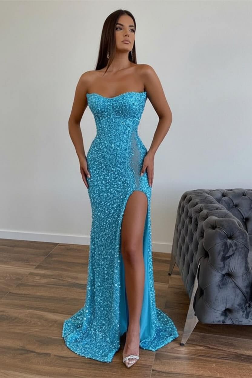 Strapless Sequined Prom Dress Mermaid Beaded Evening Dress With Split