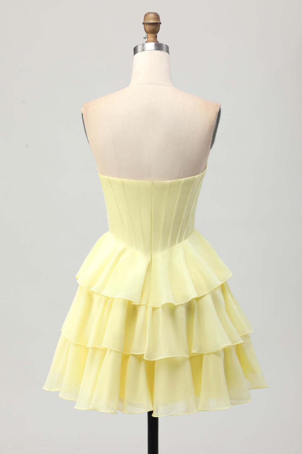 Strapless Sheer Bodice Tiered Short Homecoming Dress with Crystal