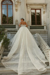 Strapless Sleeveless Beaded Ball Gown Lace Up Cathedral Train Bridal Gown With Appliques