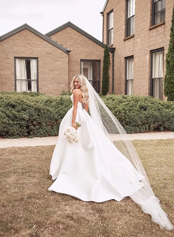 Strapless Sleeveless Satin Ball Gown Wedding Dress With Sweep Train and Split Front