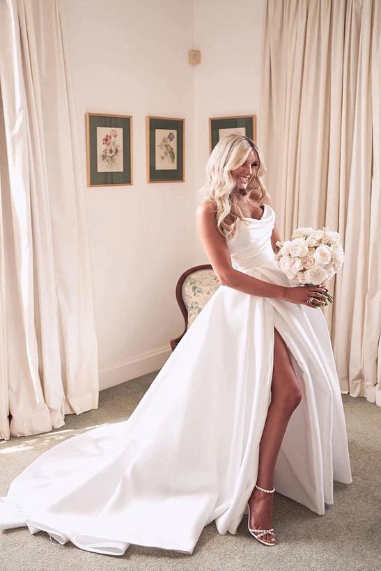 Strapless Sleeveless Satin Ball Gown Wedding Dress With Sweep Train and Split Front