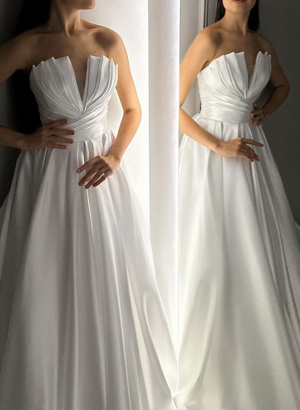 Strapless Sleeveless Satin Wedding Dress With Ruffle
