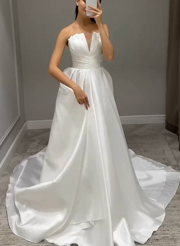 Strapless Sleeveless Satin Wedding Dress With Ruffle