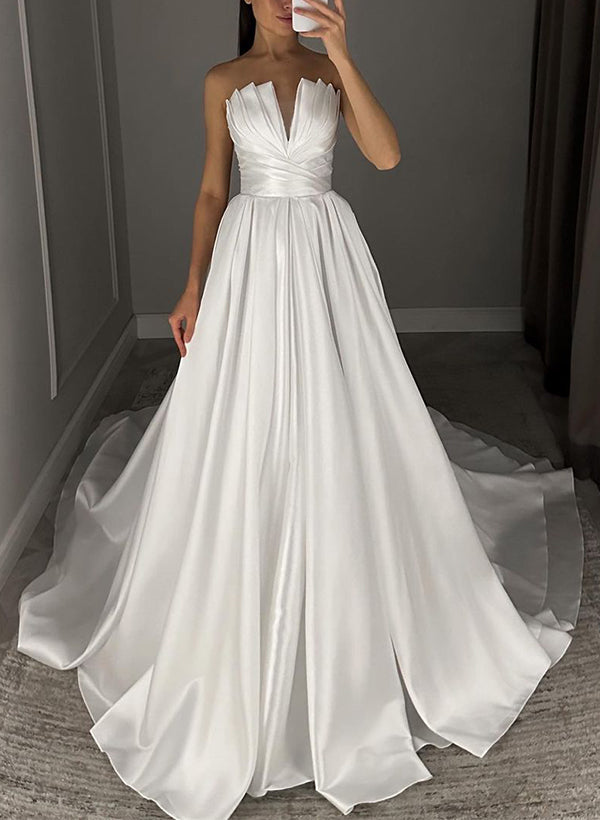 Strapless Sleeveless Satin Wedding Dress With Ruffle