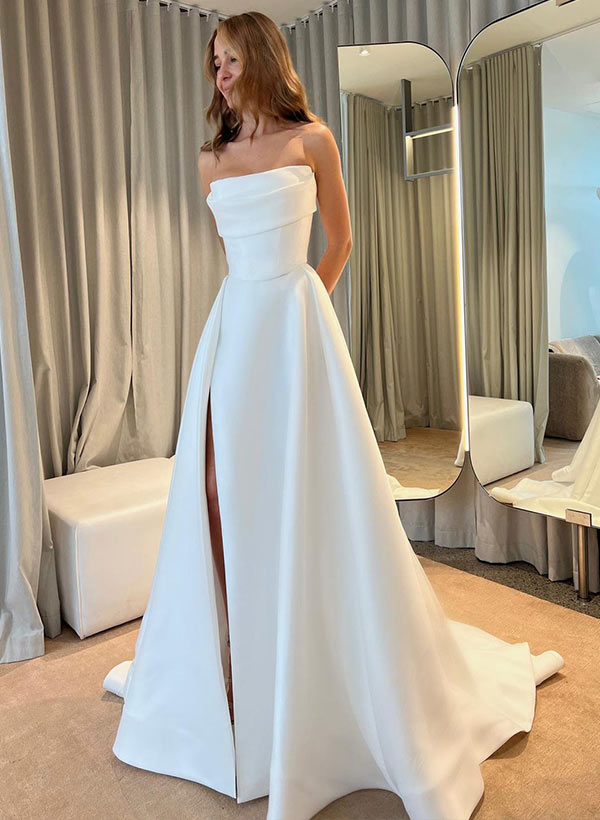 Strapless Sleeveless Satin Wedding Dress With Split Front