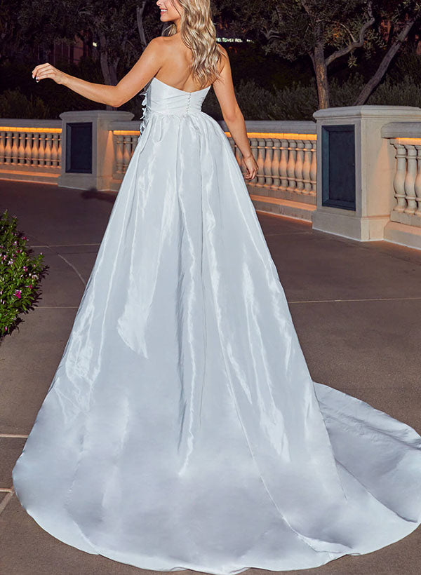 Strapless Sleeveless Taffeta Wedding Dress With Flower(s)