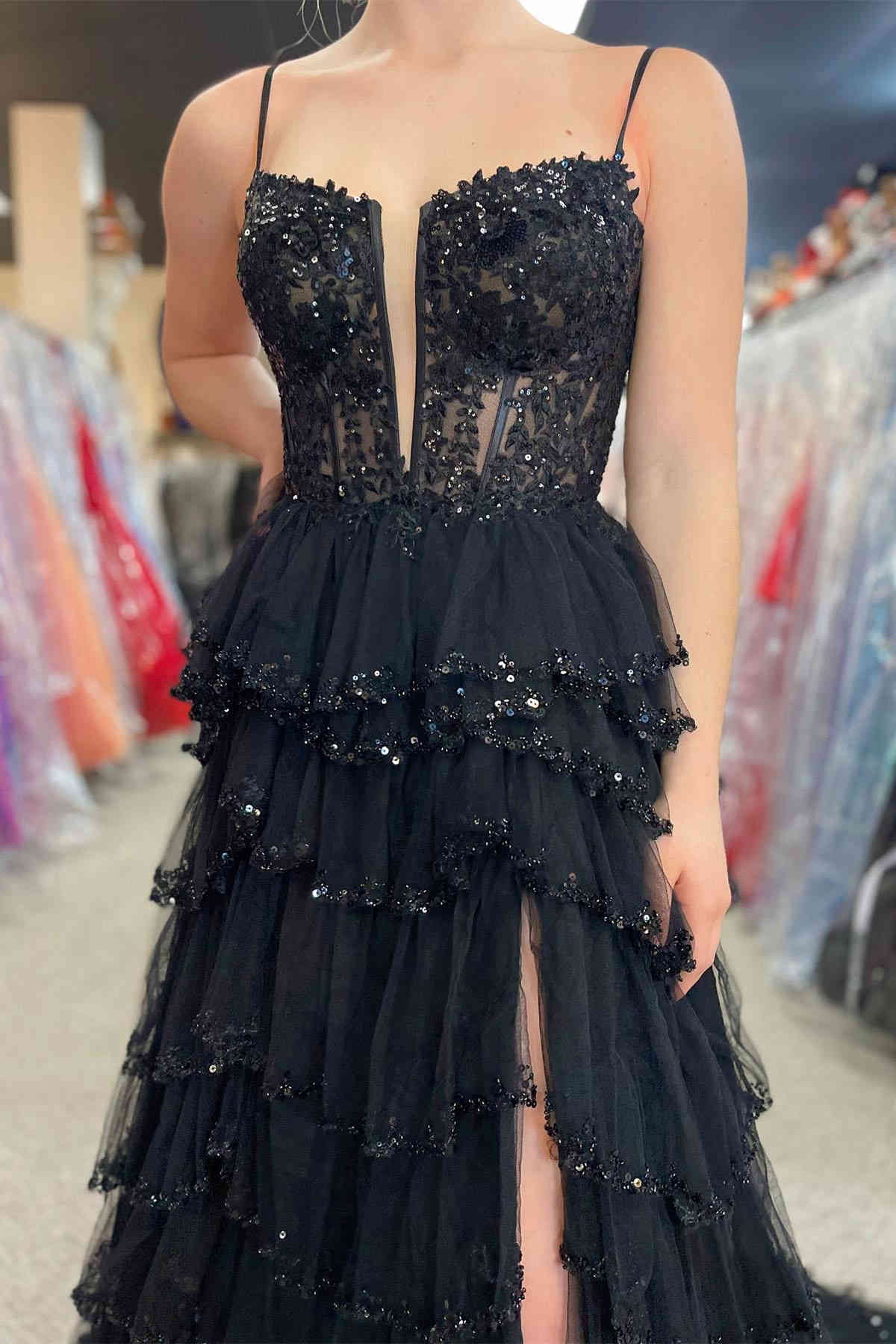 Straps Black Prom Dress Mesh Cutout Sequined Layered Long Evening Dress