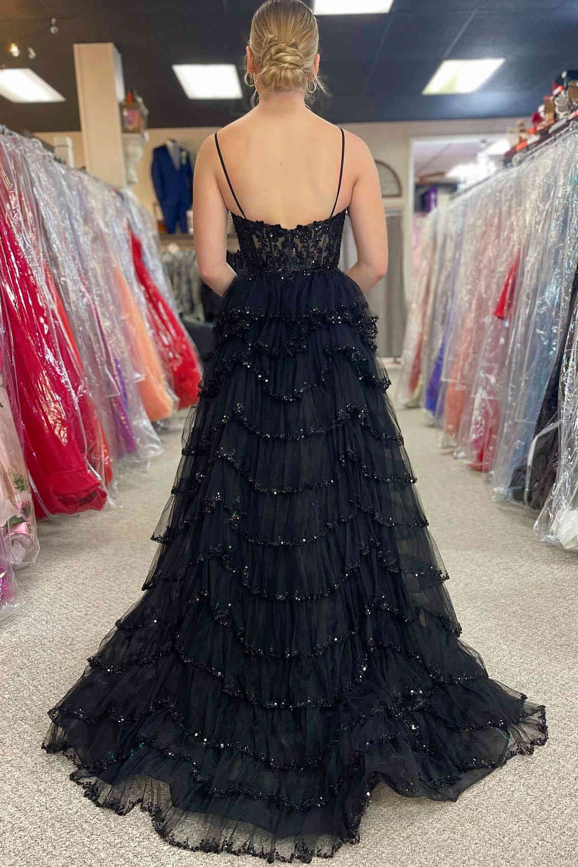 Straps Black Prom Dress Mesh Cutout Sequined Layered Long Evening Dress