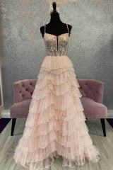 Straps Black Prom Dress Mesh Cutout Sequined Layered Long Evening Dress