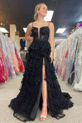 Straps Black Prom Dress Mesh Cutout Sequined Layered Long Evening Dress