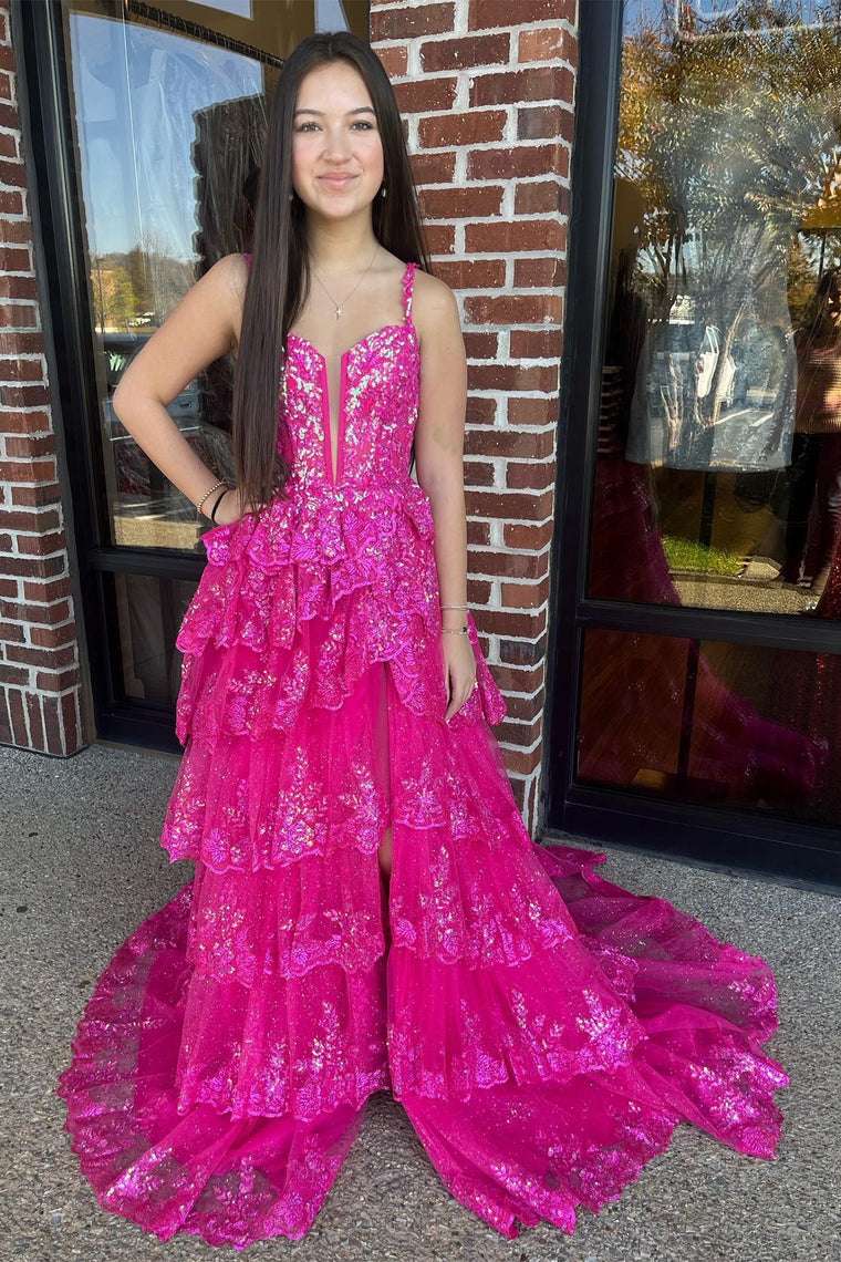 Straps Fuchsia Prom Dress Sequin Layered Formal Evening Dress with Split