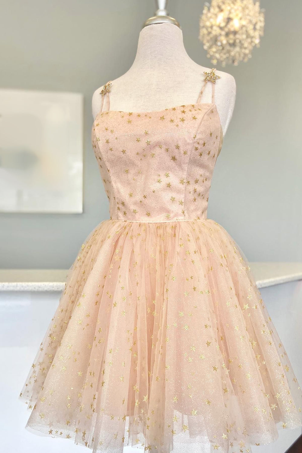 Straps Homecoming Dress Champagne A Line Tulle with Gold StarsShort Party Cocktail Dress