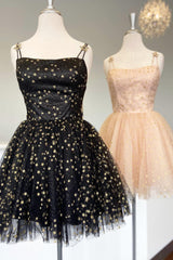 Straps Homecoming Dress Champagne A Line Tulle with Gold StarsShort Party Cocktail Dress