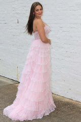 Straps Pink Prom Dress Sequin Tiered Prom Gown Evening Dress