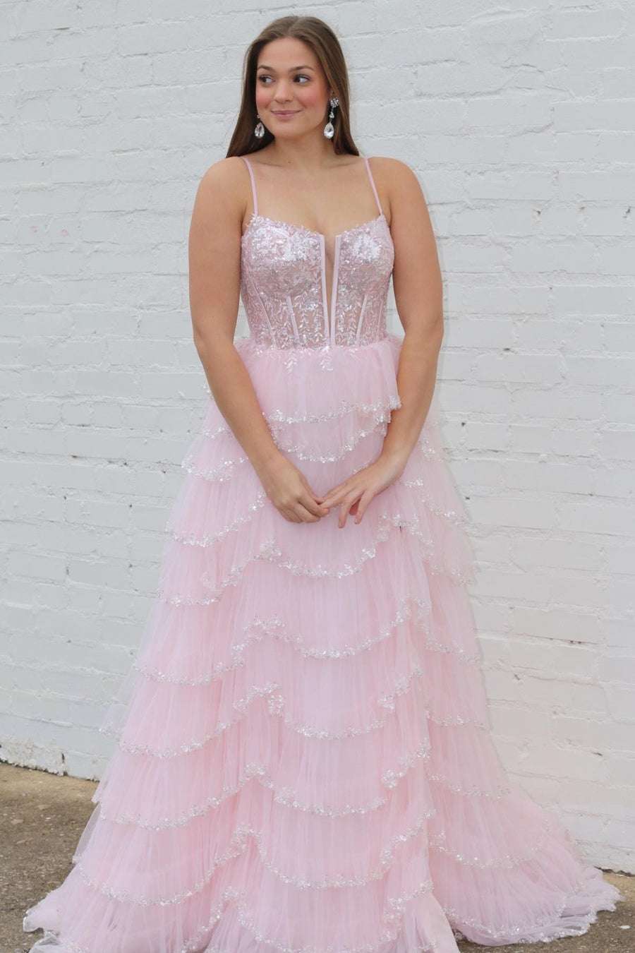 Straps Pink Prom Dress Sequin Tiered Prom Gown Evening Dress